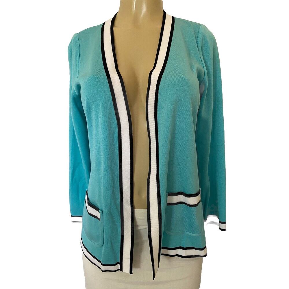 Exclusively Misook Open Jacket Cardigan Sweater Long Sleeve Knit Blue Wh…